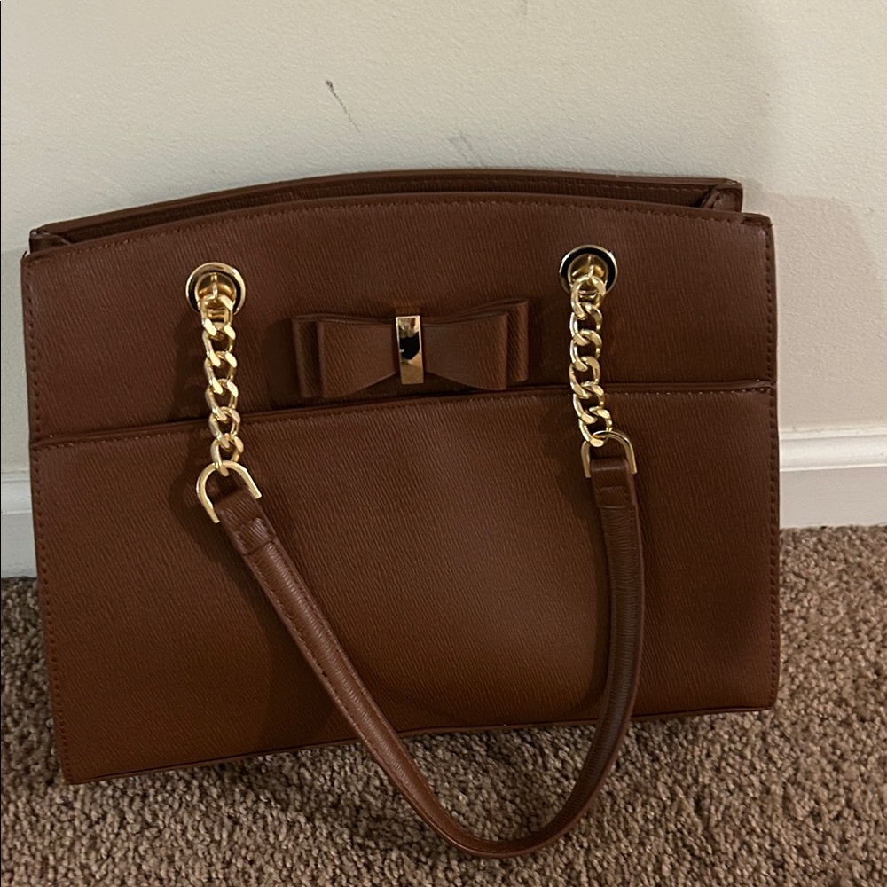 Elegant Brown Handbag with Gold Accents